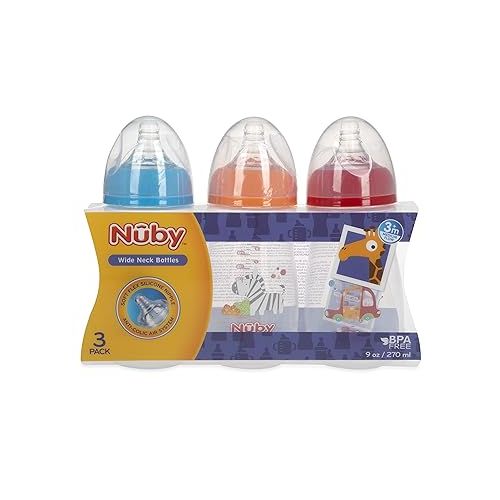  Nuby Tritan Wide Neck Non-Drip Bottles with Anti-Colic Air System: 9oz./ 270 Ml, 3 Pack, 3M+, Multi