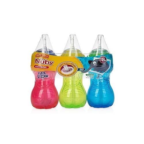  Nuby No-Spill Sippy Cup with Flex Straw for Boys - (3-Pack) 10-Ounce Bottles - Training Sippy Cups for Toddlers 12+ Months