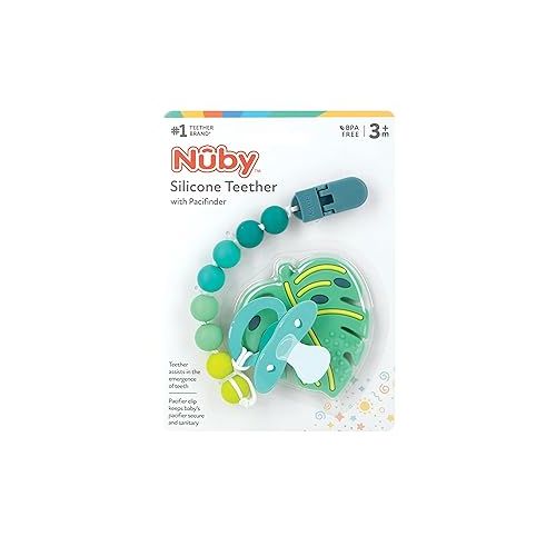  Nuby All Silicone Teether with Bonus Silicone Pacifinder with Clip - 3+ Months, 1pk, Assorted Neutral Designs