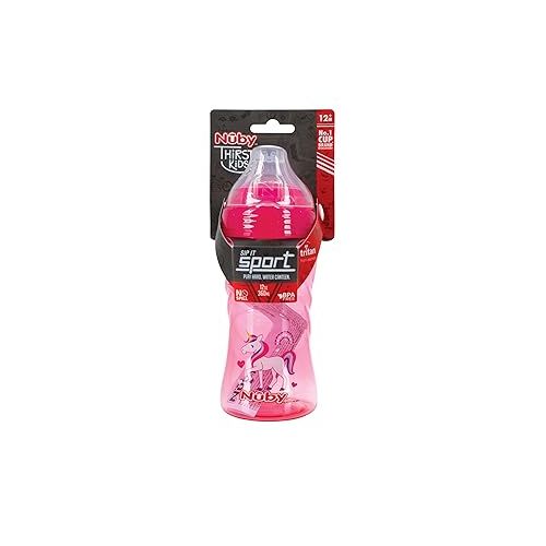  Nuby Thirsty Kids No Spill Sip-It Sport Tritan Travel Cup with Soft Silicone Spout and Hygiene Cover, 12 Oz, Pink Unicorn Print
