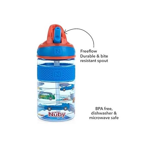  Nuby Thirsty Kids Flip-it Freestyle 12 oz Water Bottle with Bite Resistant Hard Straw, Blue Cars