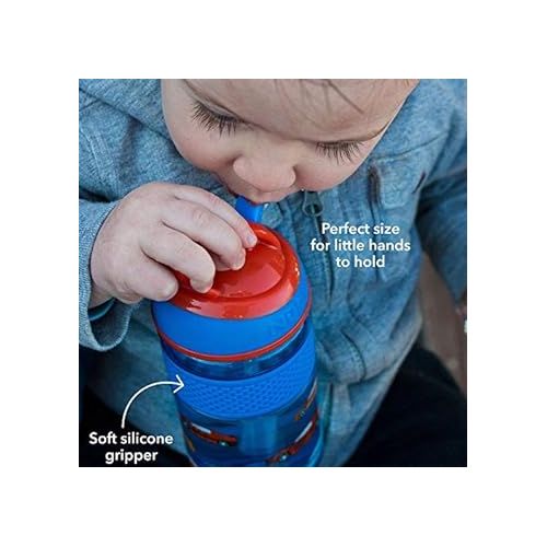  Nuby Thirsty Kids Flip-it Freestyle 12 oz Water Bottle with Bite Resistant Hard Straw, Blue Cars