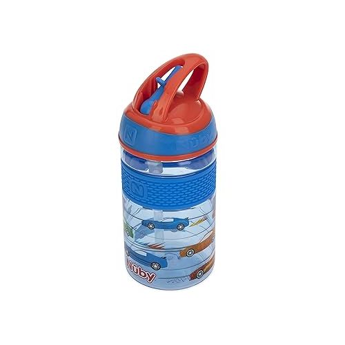  Nuby Thirsty Kids Flip-it Freestyle 12 oz Water Bottle with Bite Resistant Hard Straw, Blue Cars