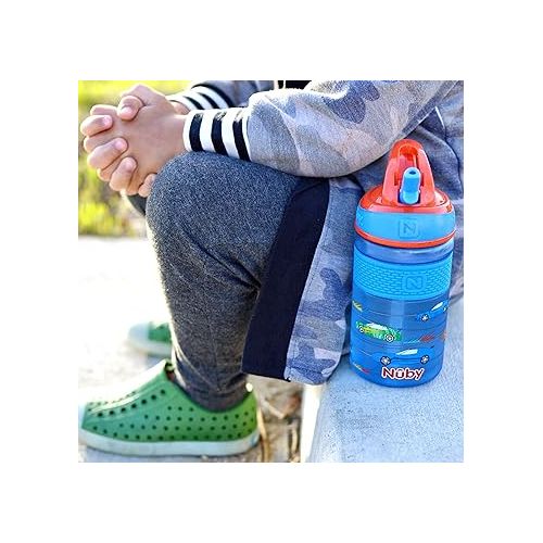  Nuby Thirsty Kids Flip-it Freestyle 12 oz Water Bottle with Bite Resistant Hard Straw, Blue Cars