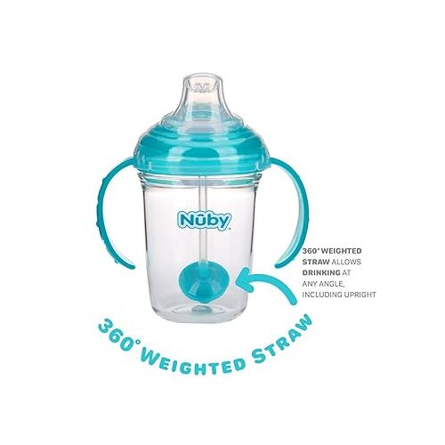  Nuby No Spill 360 Weighted Straw Grip N' Sip Tritan Cup with Hygienic Cover, 8 Oz, Trainer Cup, Teal