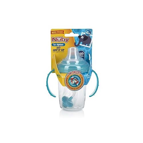  Nuby No Spill 360 Weighted Straw Grip N' Sip Tritan Cup with Hygienic Cover, 8 Oz, Trainer Cup, Teal