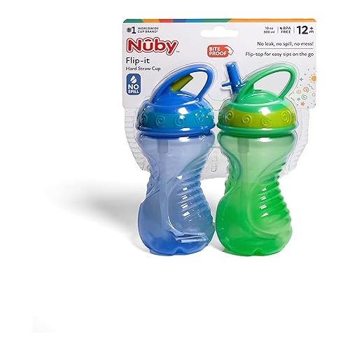  Nuby 2-Pack Flip-It Easy Grip Cups with Easy-Flo Straw, 10 Ounce, Colors May Vary