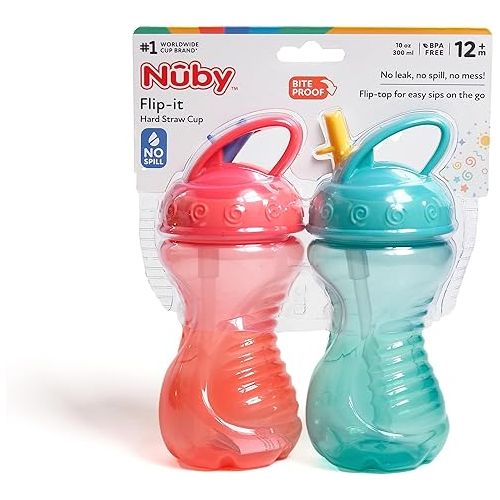  Nuby 2-Pack Flip-It Easy Grip Cups with Easy-Flo Straw, 10 Ounce, Colors May Vary