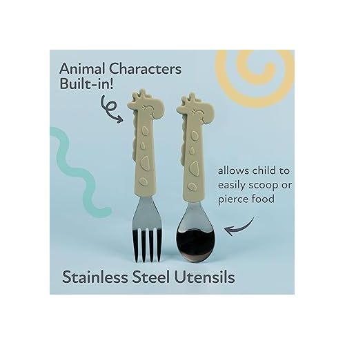  Nuby Animal Friends Silicone and Stainless Steel Fork and Spoon Set - 12+ Months - Green Giraffe