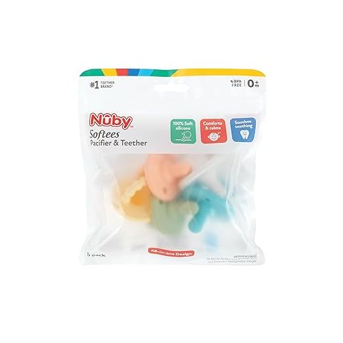  Nuby Silicone Softees Pacifier and Teethers - (5-Pack) Silicone Baby Pacifiers and Teethers - 0+ Months - Assorted Neutral Colors