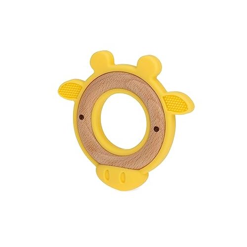  Nuby Natural Wood Teether with Soft Silicone, Minimalist Design Easy to Clean, Giraffe Yellow