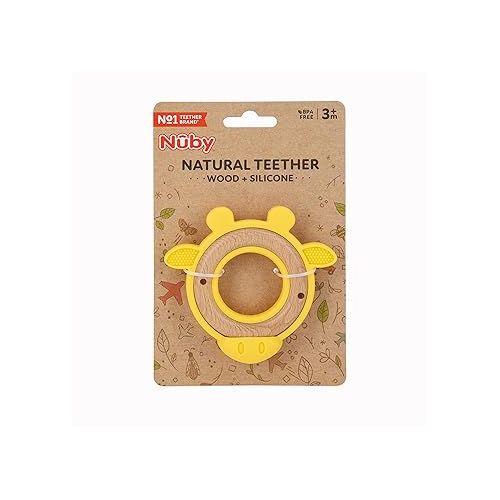  Nuby Natural Wood Teether with Soft Silicone, Minimalist Design Easy to Clean, Giraffe Yellow