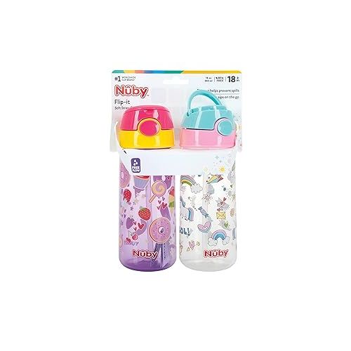  Nuby 2-Pack Kid’s Printed Flip-it Active Water Bottle with Push Button Cap and Soft Straw - 18oz / 540ml, 18+ Months, 2-pack, Prints May Vary
