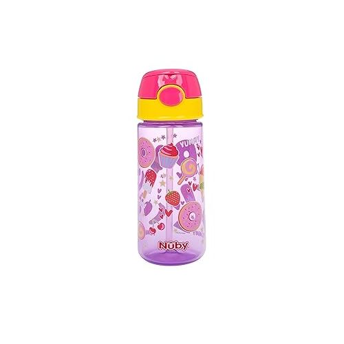  Nuby 2-Pack Kid’s Printed Flip-it Active Water Bottle with Push Button Cap and Soft Straw - 18oz / 540ml, 18+ Months, 2-pack, Prints May Vary