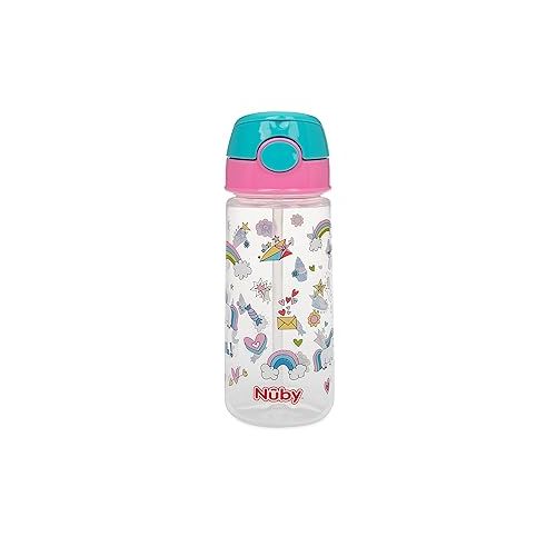  Nuby 2-Pack Kid’s Printed Flip-it Active Water Bottle with Push Button Cap and Soft Straw - 18oz / 540ml, 18+ Months, 2-pack, Prints May Vary