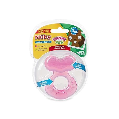  Nuby Silicone Teethe-eez Teether with Bristles includes Hygienic Case, Pink