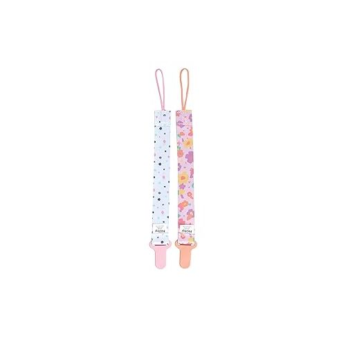  Nuby Pacifinder Pacifier Clip, 2 Pack Pacifier Holder for Girl, Pink Flowers and White with Polka Dots