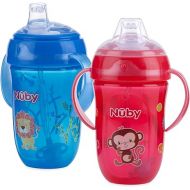 Nuby 2 pack Comfort Trainer 2 Handle Cups with 360 Weighted Straw and Soft Silicone Spout, 9 Oz, Blue Lion and Red Monkey