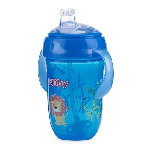  Nuby 2 pack Comfort Trainer 2 Handle Cups with 360 Weighted Straw and Soft Silicone Spout, 9 Oz, Blue Lion and Red Monkey
