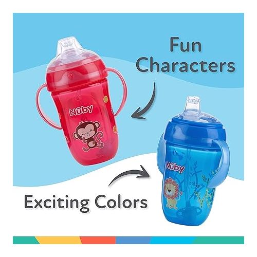  Nuby 2 pack Comfort Trainer 2 Handle Cups with 360 Weighted Straw and Soft Silicone Spout, 9 Oz, Blue Lion and Red Monkey