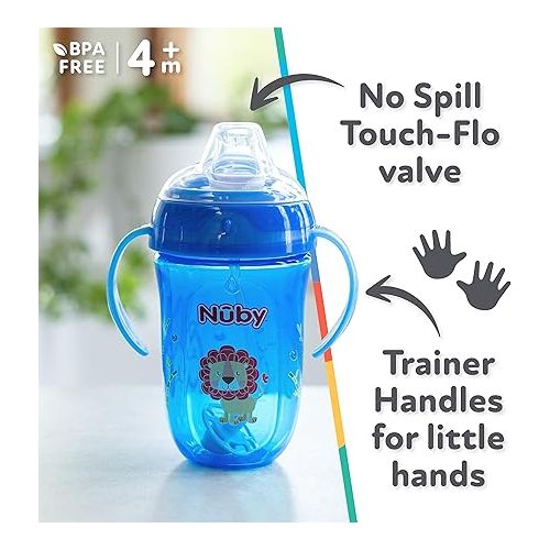  Nuby 2 pack Comfort Trainer 2 Handle Cups with 360 Weighted Straw and Soft Silicone Spout, 9 Oz, Blue Lion and Red Monkey