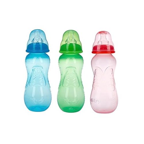  Nuby Non-Drip Standard Neck Bottles, 10 Ounce, Colors May Vary, 3 Count (Pack of 1)