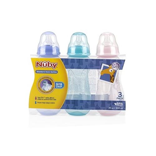  Nuby Non-Drip Standard Neck Bottles, 10 Ounce, Colors May Vary, 3 Count (Pack of 1)