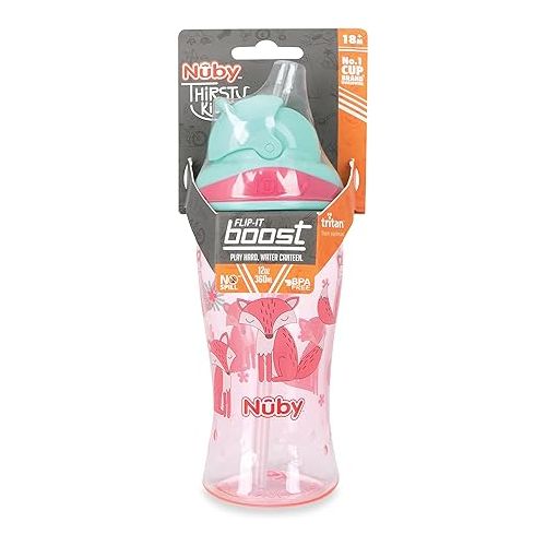  Nuby Thirsty Kids No Spill Flip-It Boost Tritan Travel Cup with Soft Silicone Straw, 12 Oz, Fox