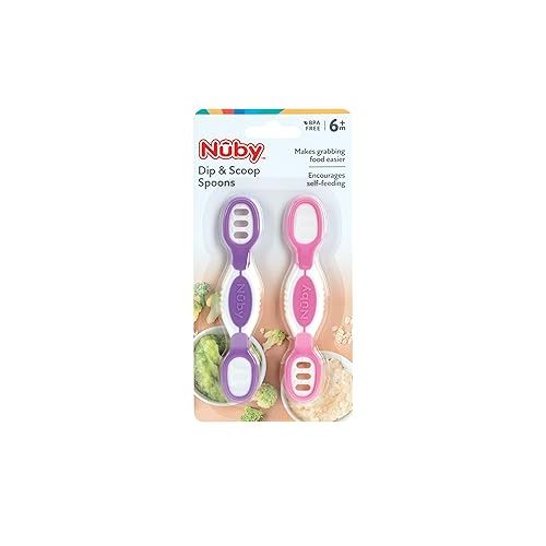  Nuby Dip & Scoop Spoons - (2-Pack) Baby Led Weaning Spoons for Babies - 6+ Months - Purple and Pink