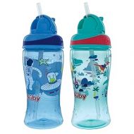 Nuby 2-Pack Thirsty Kids No-Spill Flip-it Printed Boost Cup with Thin Soft Straw - 12oz, 18+ Months, 2-Pack, Blue Astronaut & Aqua Dinosaurs