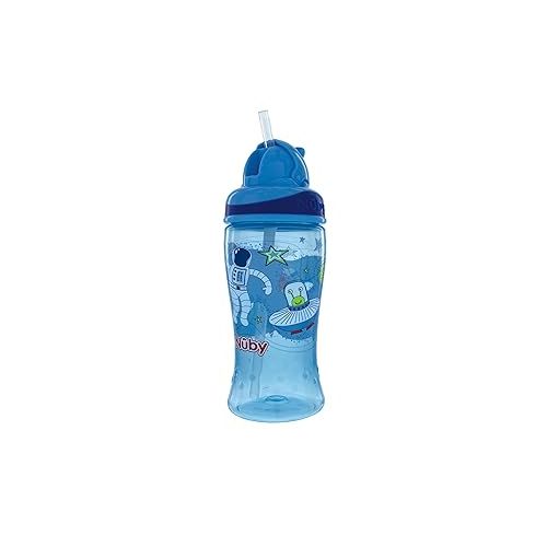  Nuby 2-Pack Thirsty Kids No-Spill Flip-it Printed Boost Cup with Thin Soft Straw - 12oz, 18+ Months, 2-Pack, Blue Astronaut & Aqua Dinosaurs