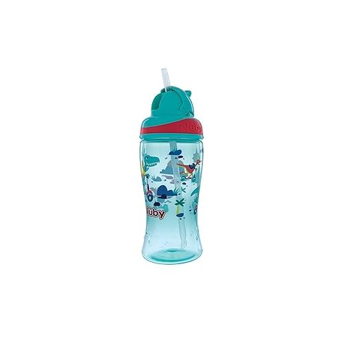  Nuby 2-Pack Thirsty Kids No-Spill Flip-it Printed Boost Cup with Thin Soft Straw - 12oz, 18+ Months, 2-Pack, Blue Astronaut & Aqua Dinosaurs