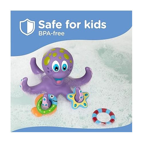  Nuby Floating Octopus Toy with 3 Hoopla Rings - BPA Free Baby Bath Toy for Boys and Girls - 18+ Months - Purple