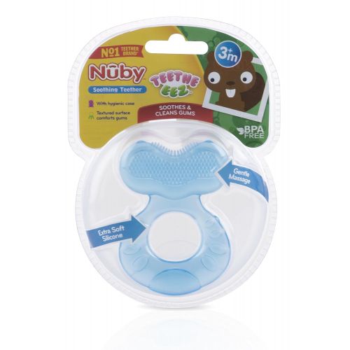  Nuby Silicone Teethe-EEZ Teether with Bristles, Includes Hygienic Case, Blue