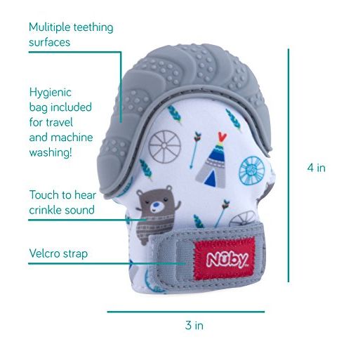  Nuby Soothing Teething Mitten with Hygienic Travel Bag, Grey, 1 Count