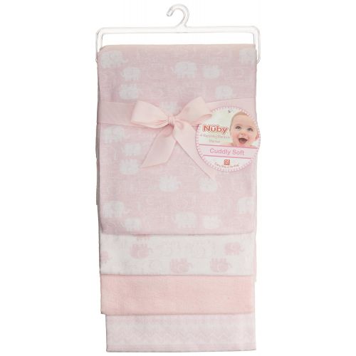  Nuby Cuddly Soft Baby 4 Piece Receiving Blanket Set, Elephant Print, Pink, 28 x 28
