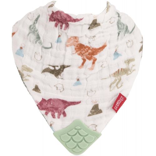  [아마존베스트]Nuby Reversible 100% Natural Cotton Muslin 3 Piece Teething Bib, Green/Grey/Blue, Dinosaur/Bear/Stripes