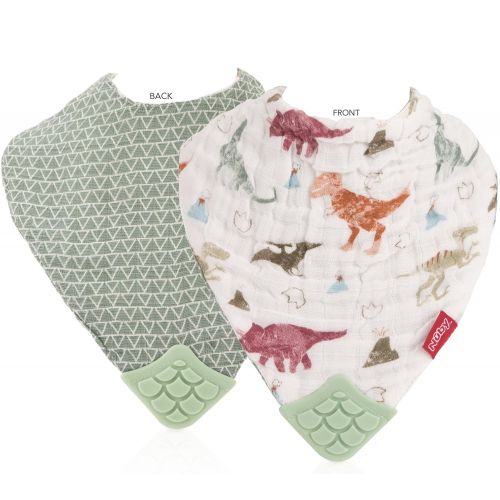  [아마존베스트]Nuby Reversible 100% Natural Cotton Muslin 3 Piece Teething Bib, Green/Grey/Blue, Dinosaur/Bear/Stripes