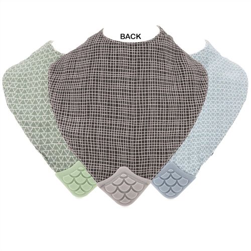  [아마존베스트]Nuby Reversible 100% Natural Cotton Muslin 3 Piece Teething Bib, Green/Grey/Blue, Dinosaur/Bear/Stripes