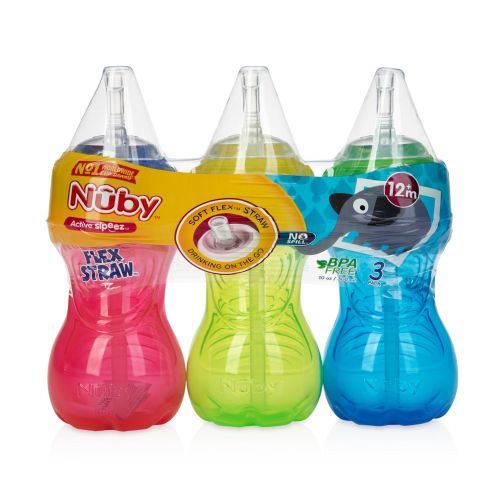  [아마존베스트]Nuby 3 Piece Boy No-Spill Cup with Flex Straw, 10 Ounce