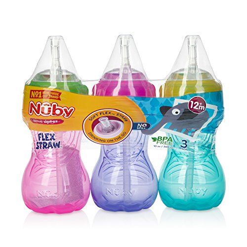  [아마존베스트]Nuby 3 Piece Girl No-Spill Cup with Flex Straw, 10 Ounce