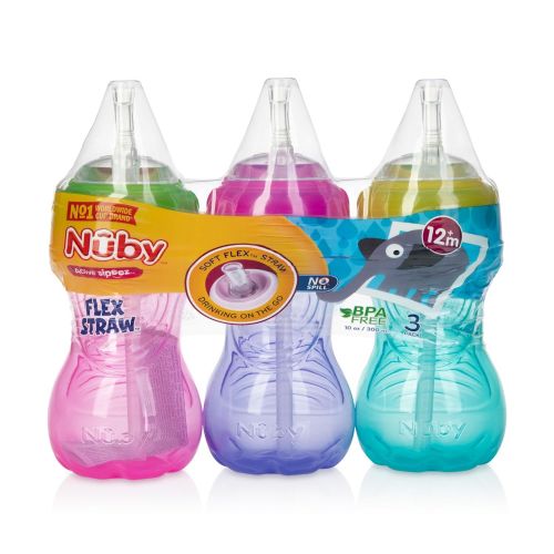  [아마존베스트]Nuby 3 Piece Girl No-Spill Cup with Flex Straw, 10 Ounce