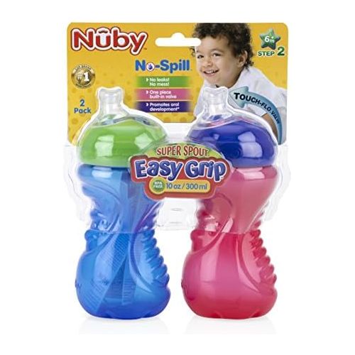  [아마존베스트]Nuby 2-Pack No-Spill Super Spout Easy Grip Cup, 10 Ounce, 6 Months +, Red and Blue