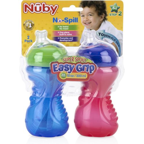  [아마존베스트]Nuby 2-Pack No-Spill Super Spout Easy Grip Cup, 10 Ounce, 6 Months +, Red and Blue