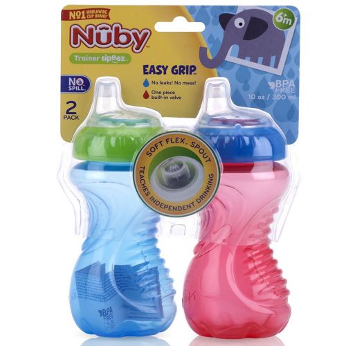  [아마존베스트]Nuby 2 Piece No Spill Easy Grip Trainer Cup 10 oz, Blue/Red