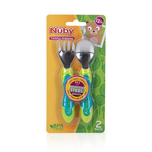  [아마존베스트]Nuby 2 Piece Stainless Steel Utensil, Blue/Green