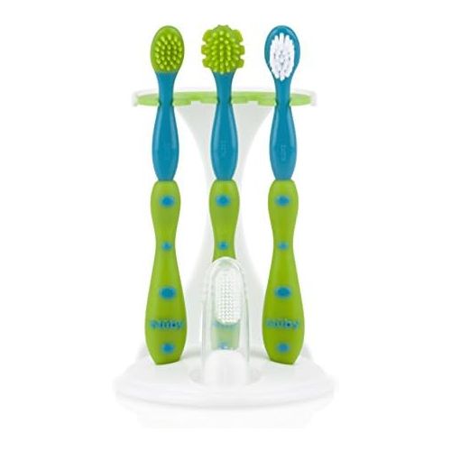  [아마존베스트]Nuby 4-Stage Oral Care Set with 1 Silicone Finger Massager, 2 Massaging Brushes, 1 Nylon Bristle Toddler Tooth Brush, Green/Aqua