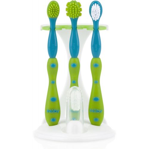  [아마존베스트]Nuby 4-Stage Oral Care Set with 1 Silicone Finger Massager, 2 Massaging Brushes, 1 Nylon Bristle Toddler Tooth Brush, Green/Aqua