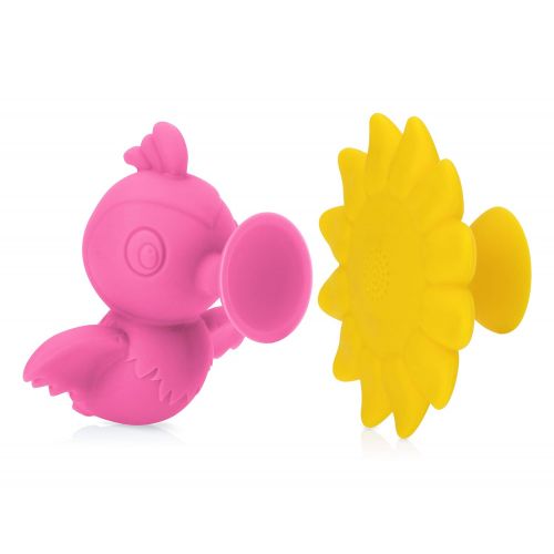  Nuby Silly Hummingbird & Flower Interactive Suction Toys with Built-in Rattle, 2Piece, Pink