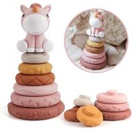 Nueplay 7 Pcs Stacking & Nesting Baby Toys, Squeeze Teething Baby Toys and Building Circle with Pink Horse Figure, Newborn Essentials for 6 12 18 Months Baby Toddler Girls